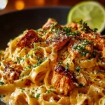Bowl of creamy Cowboy Butter Chicken Pasta garnished with herbs and spices