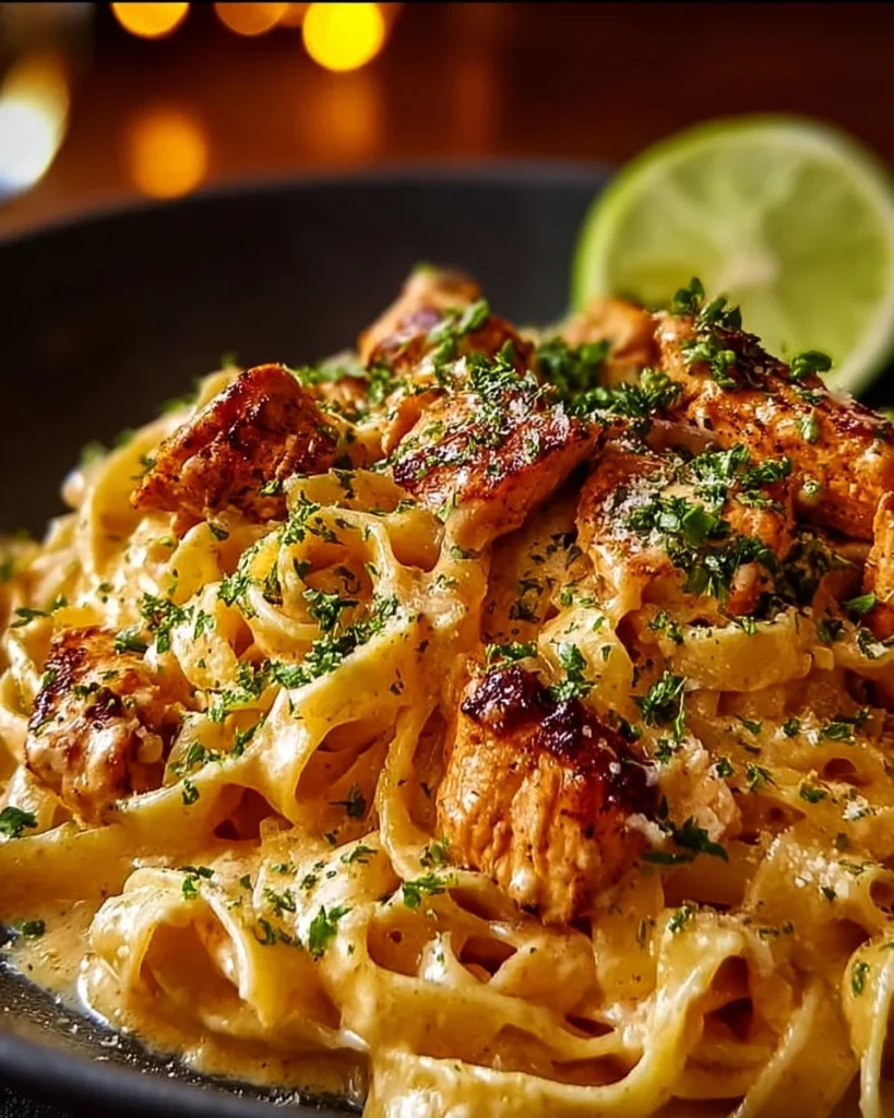 Bowl of creamy Cowboy Butter Chicken Pasta garnished with herbs and spices