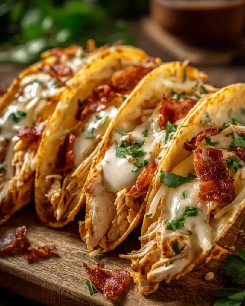 Creamy cheddar ranch chicken tacos served on a plate, garnished with fresh herbs.