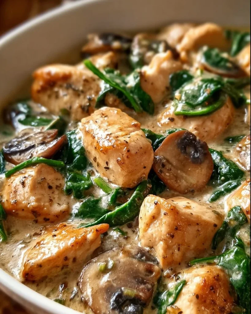 Creamy chicken mushroom spinach skillet dish served in a skillet