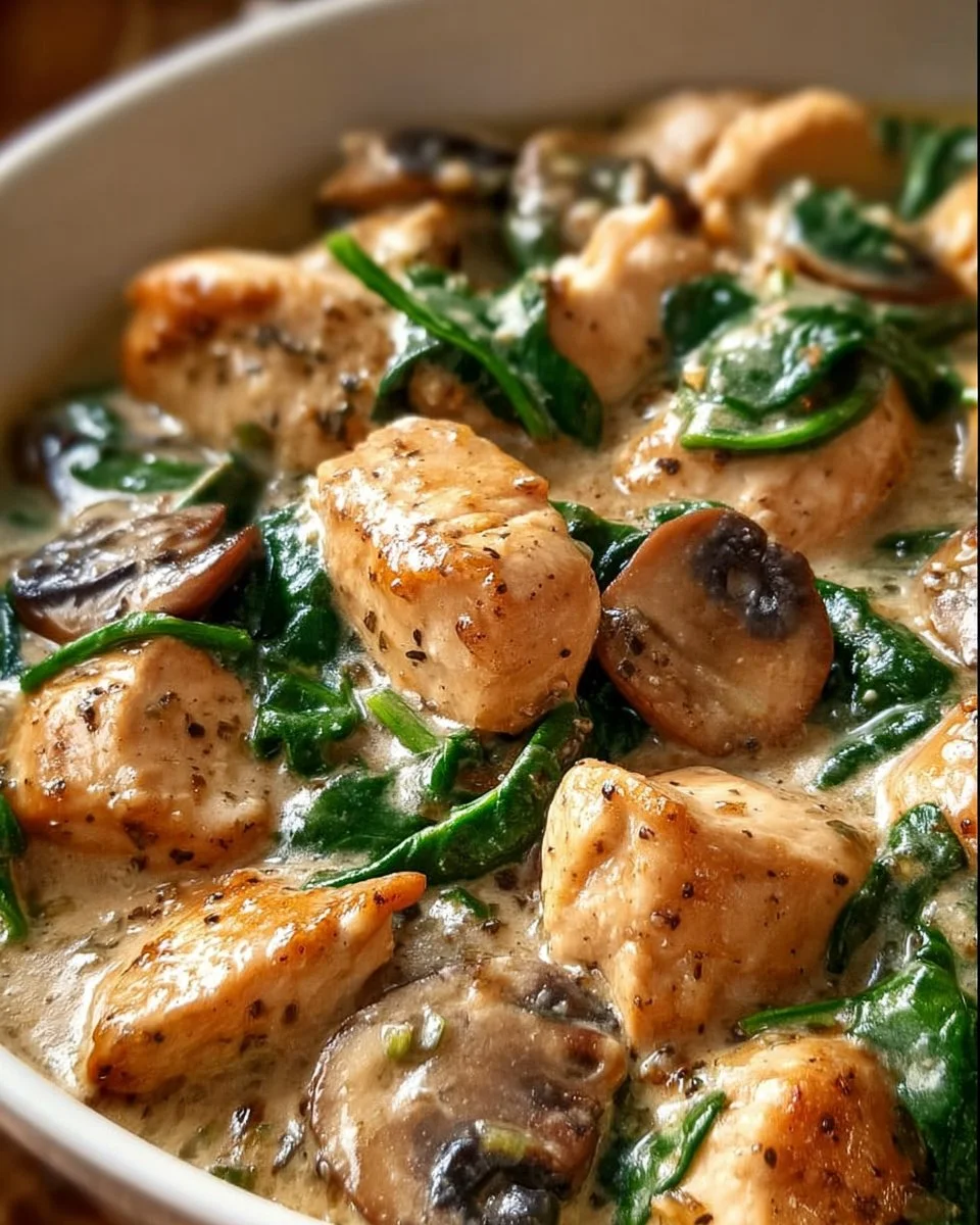 Creamy chicken mushroom spinach skillet dish served in a skillet