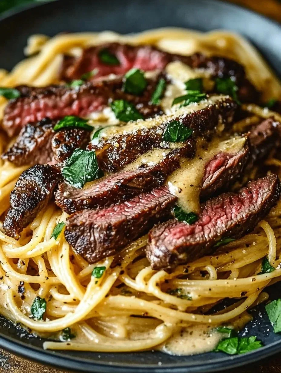Creamy garlic steak pasta served in a bowl with fresh parsley garnish