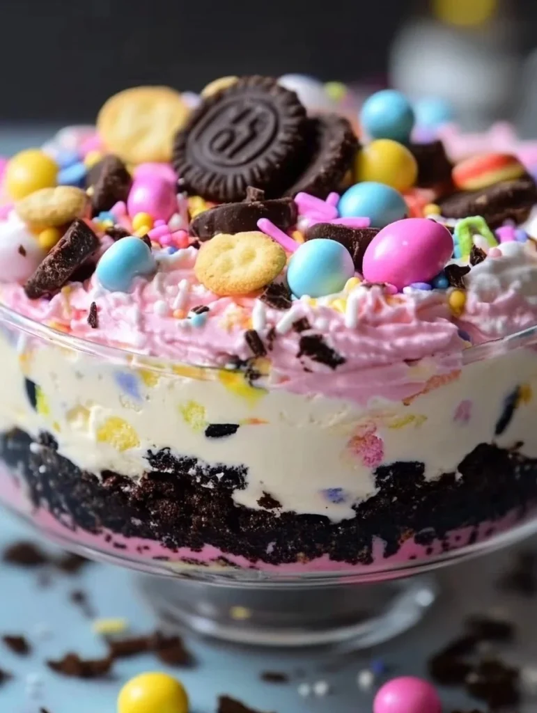 Easter Dirt Cake Casserole with chocolate layers and Easter decorations