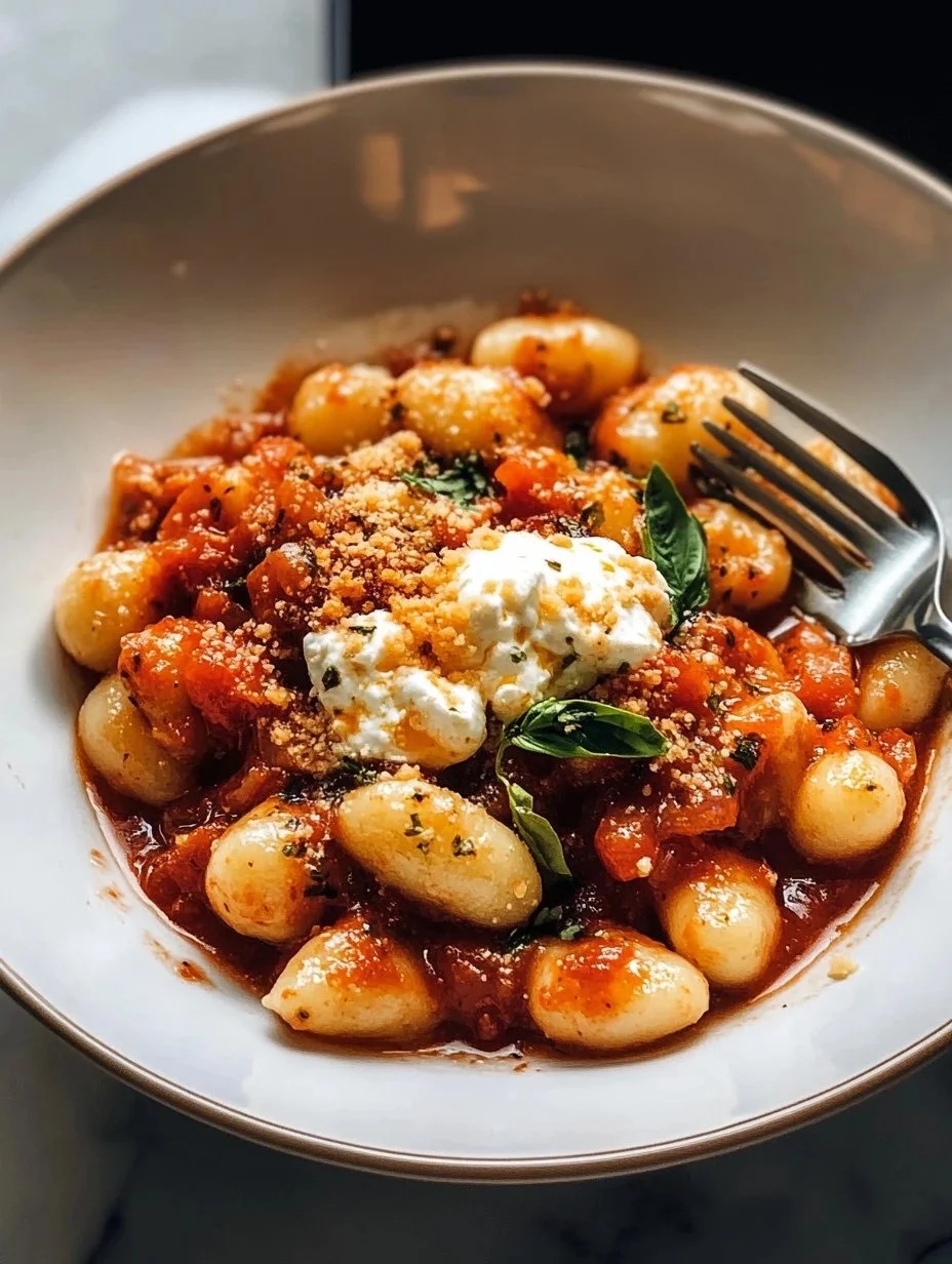 Gnocchi With Red Sauce 1 Gnocchi with rich red sauce garnished with parsley on a plate