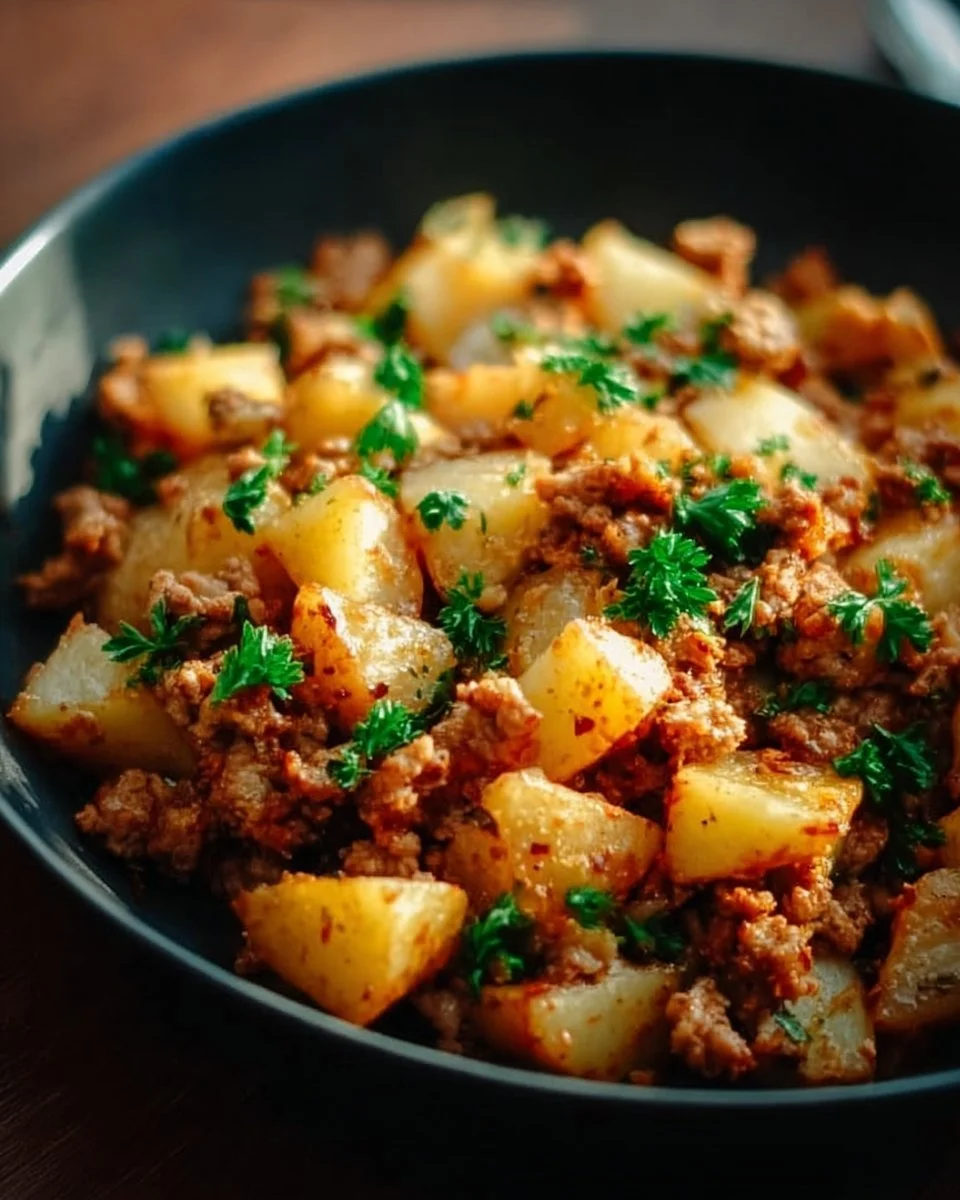 Ground turkey with potatoes dish served in a bowl