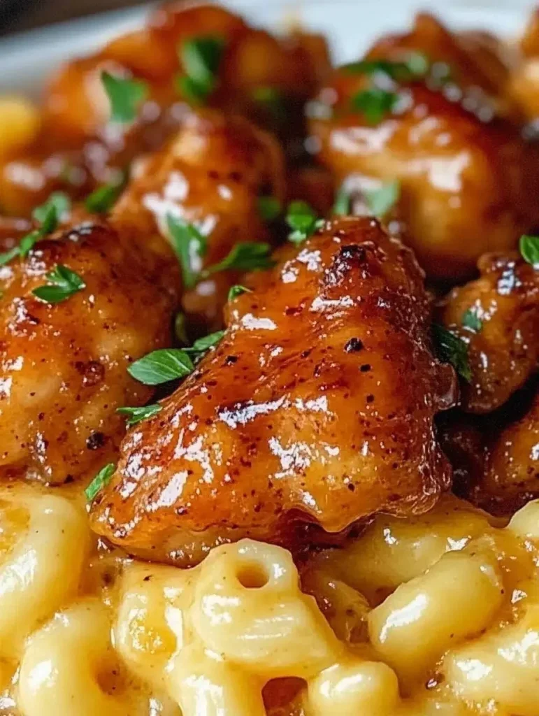 Creamy Honey Pepper Chicken Mac and Cheese topped with herbs and spices