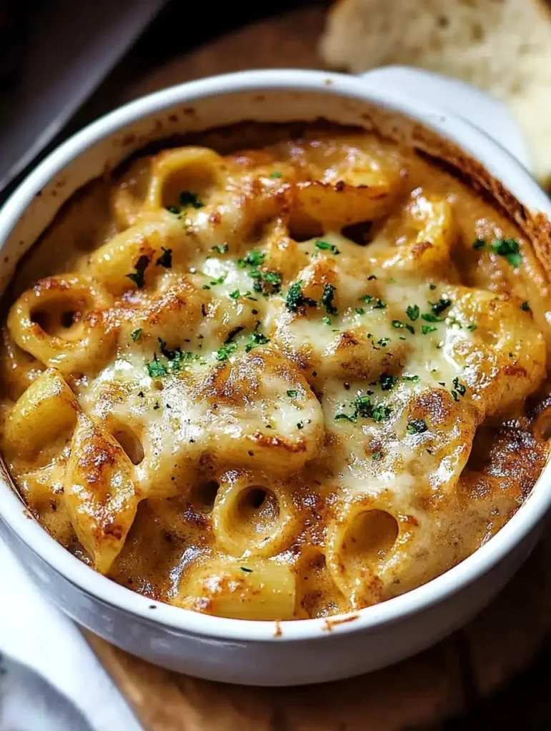 Delicious French Onion Pasta topped with melted cheese and caramelized onions.