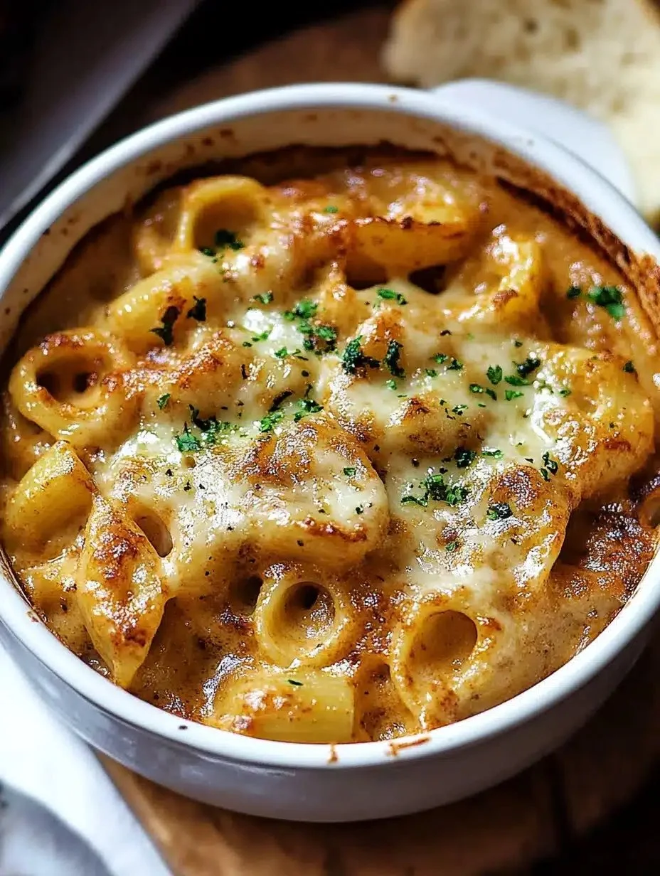 Delicious French Onion Pasta topped with melted cheese and caramelized onions.