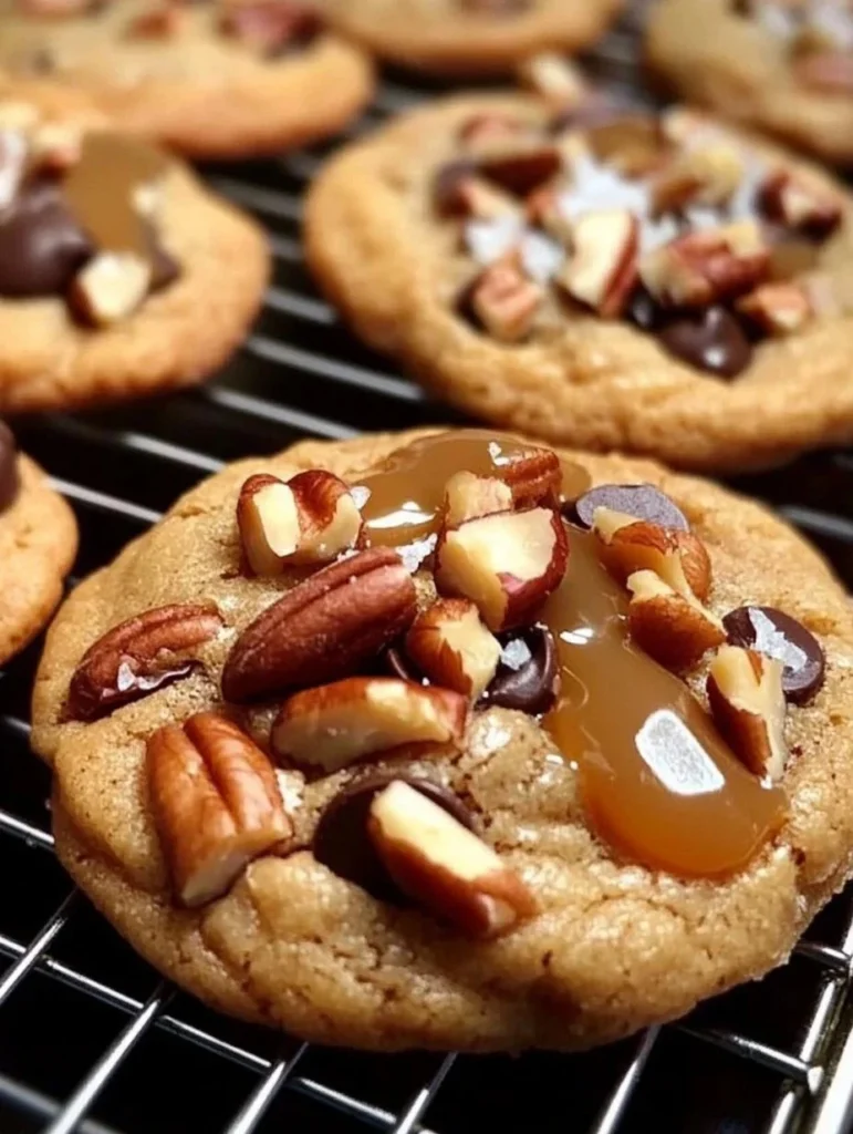 Irresistible salted caramel pecan chocolate chip cookies on a plate