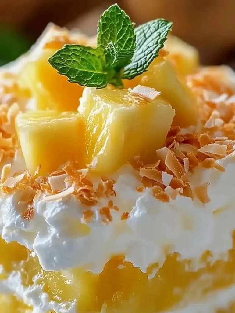 No-Bake Pineapple Cream Dessert topped with fruit and whipped cream