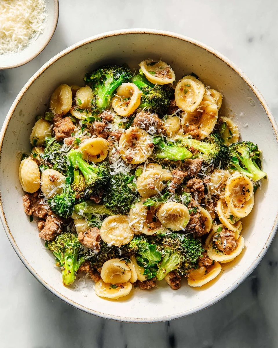Orecchiette with sausage and broccoli served in a bowl