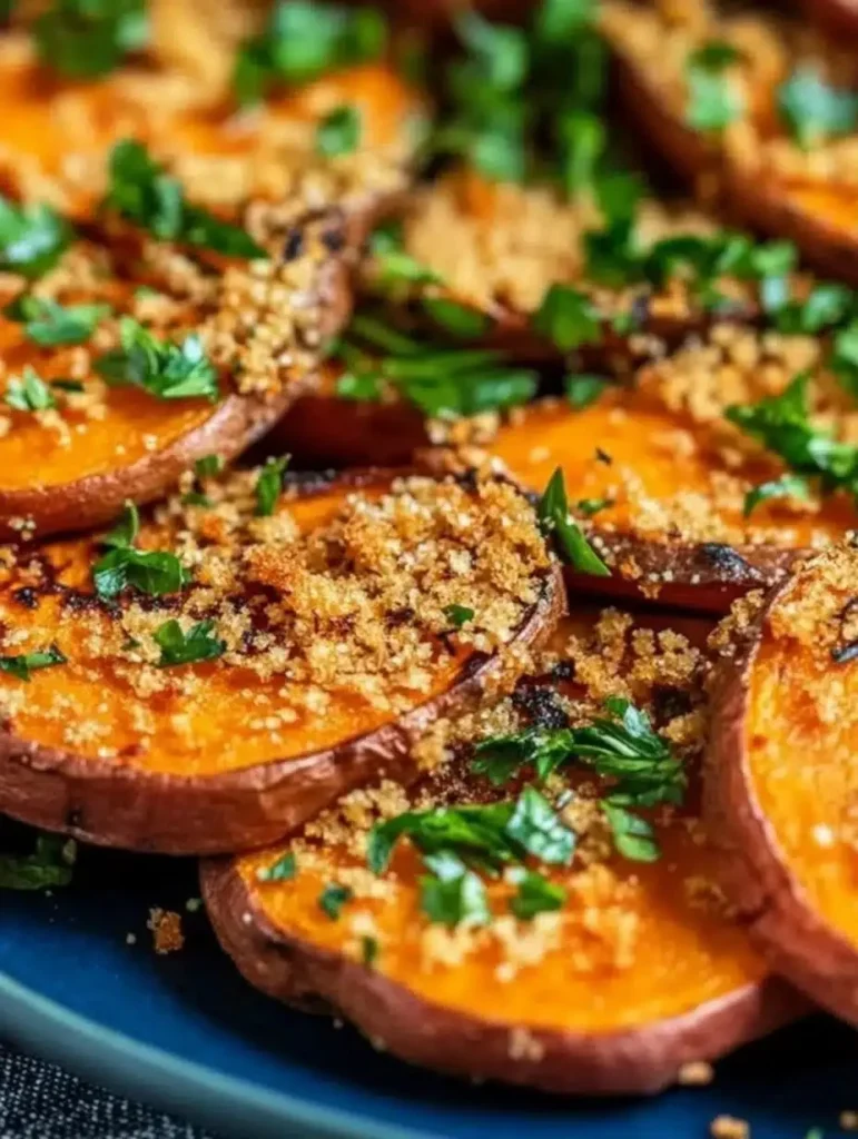 Plate of Parmesan-Crusted Roasted Sweet Potatoes with Roasted Garlic