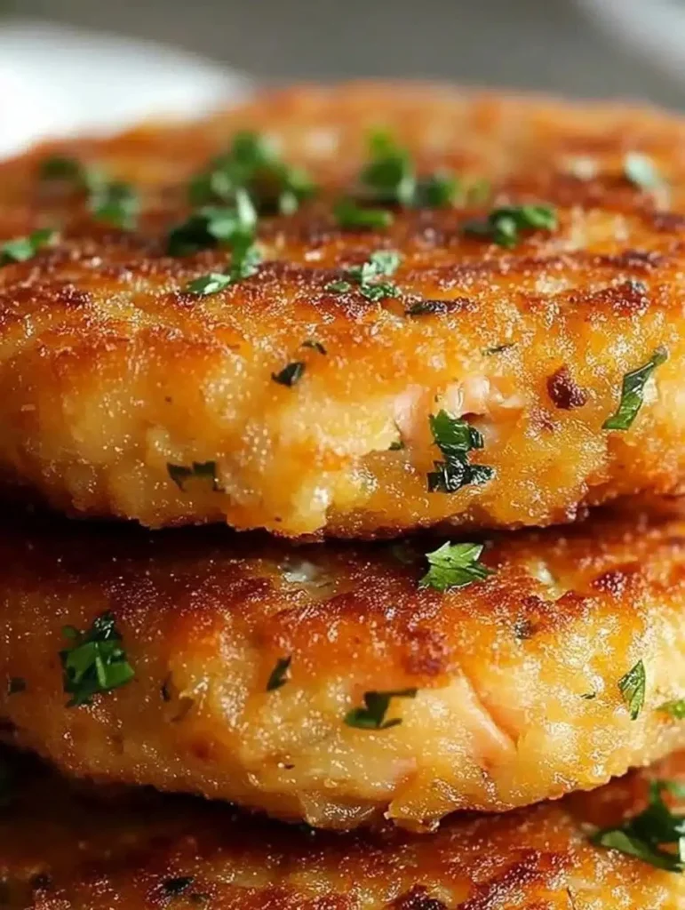 Delicious salmon patties served with fresh herbs and lemon wedges.