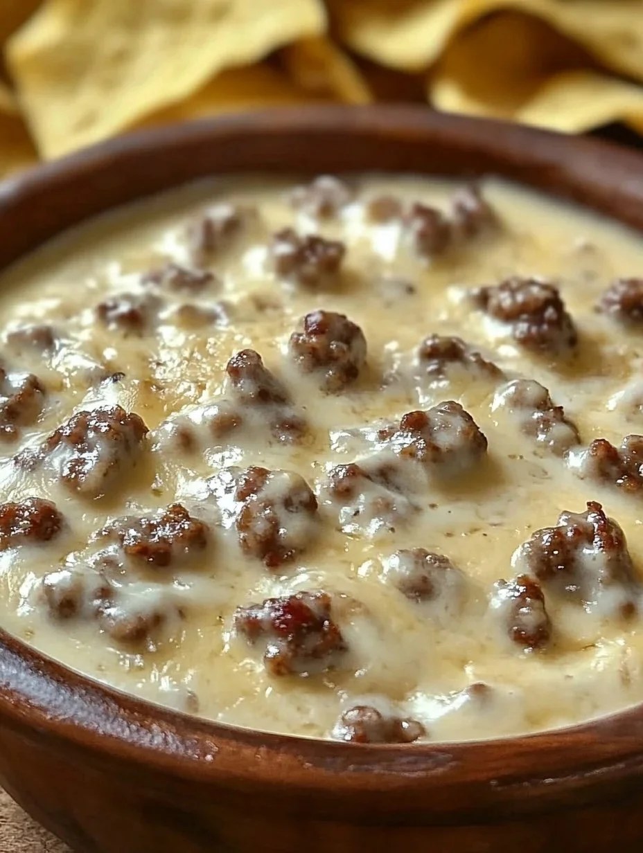 Delicious Sausage Cheese Dip served in a bowl with tortilla chips