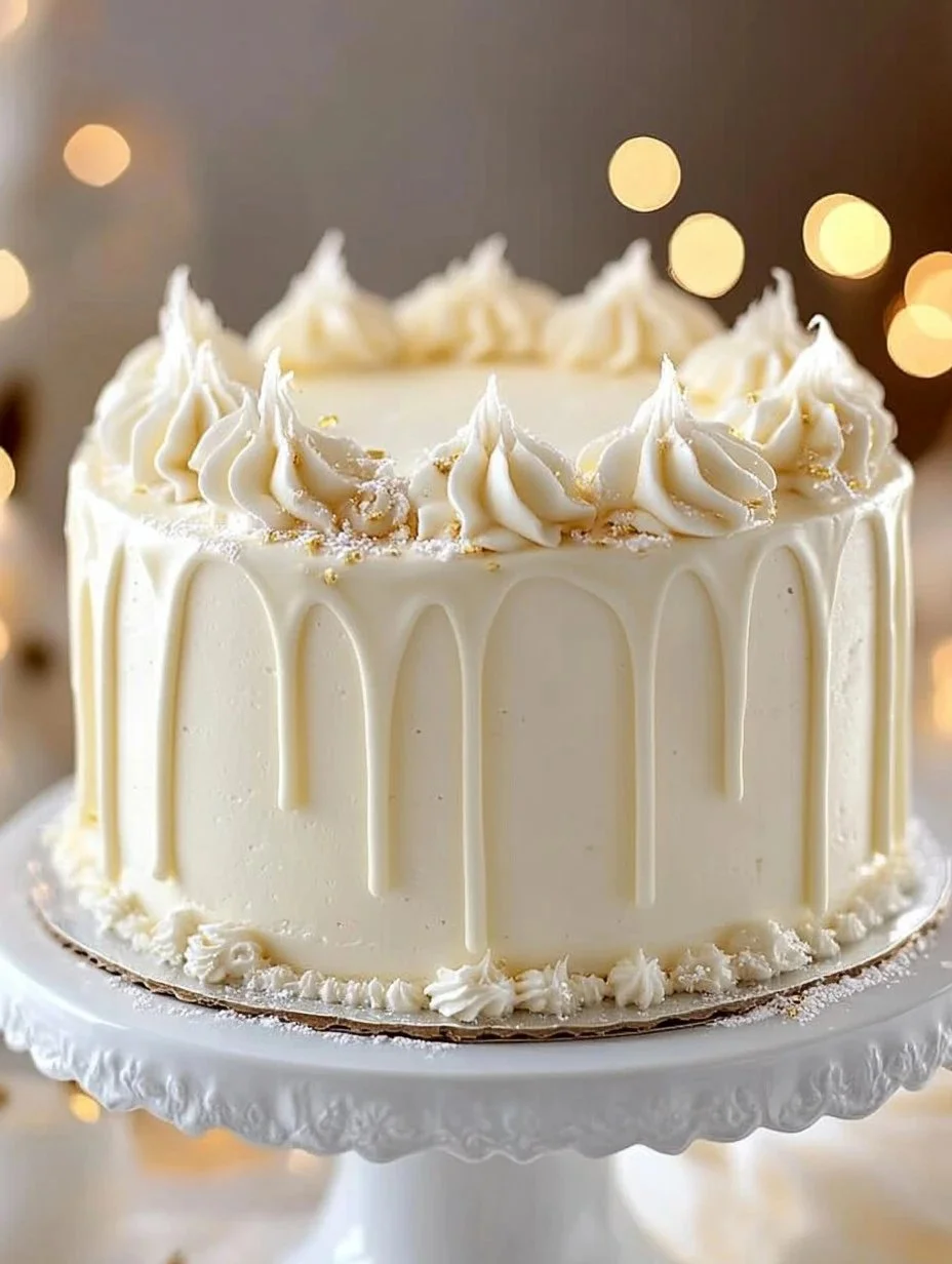 Snowy Bavarian Bliss Cake topped with cream and snow-like decorations