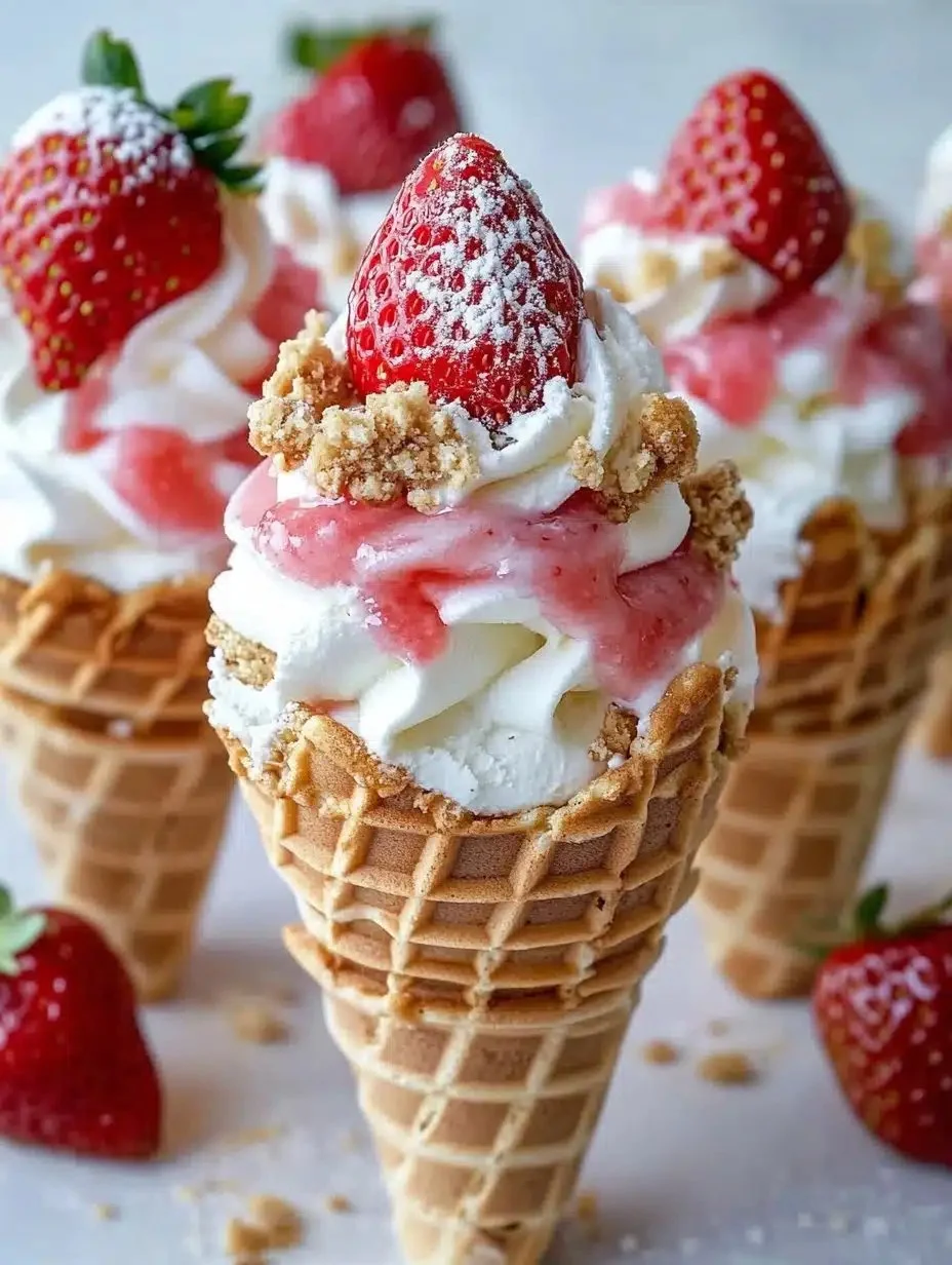 Whimsical strawberry crunch cheesecake cones topped with fresh strawberries.