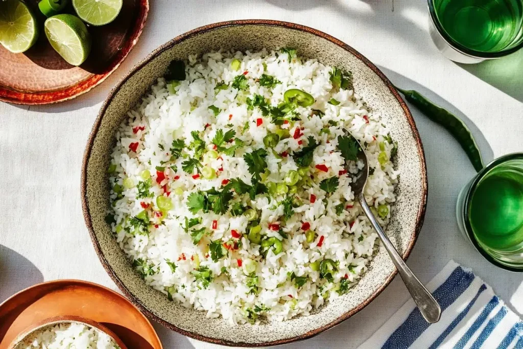 Bowl of zesty cilantro lime rice garnished with fresh cilantro