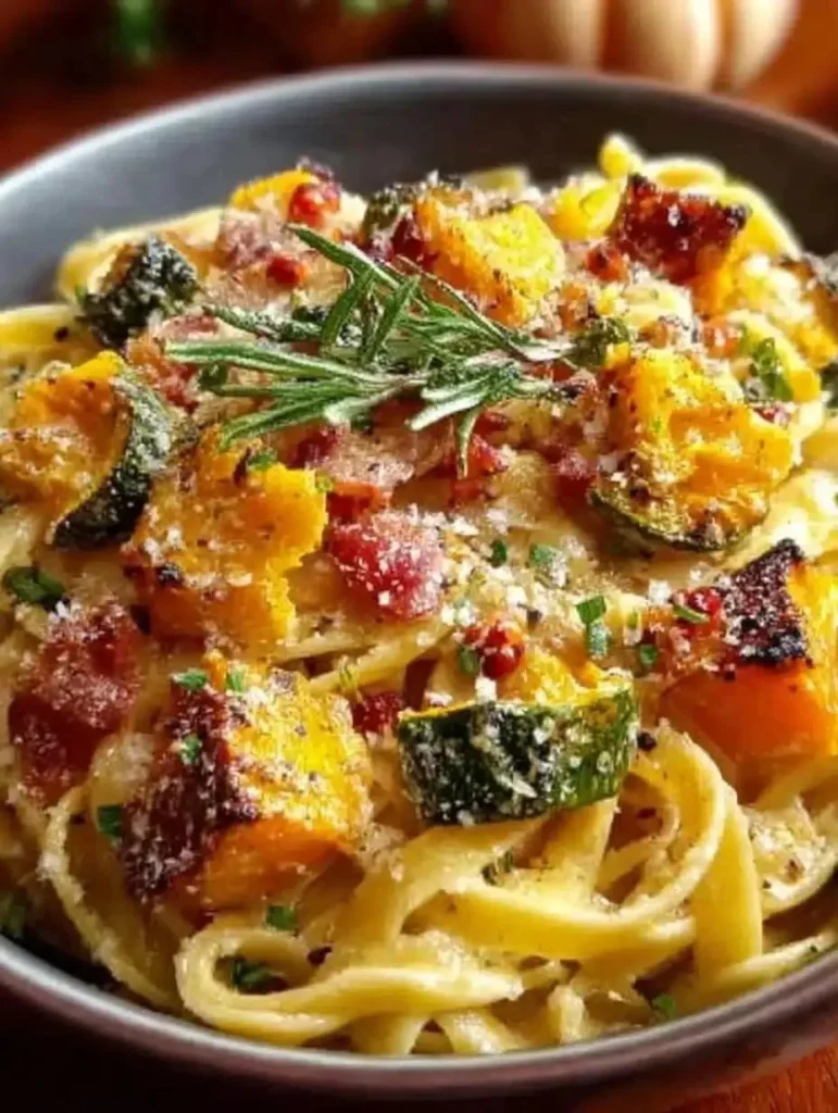 Delicious autumn sausage pasta served with seasonal ingredients