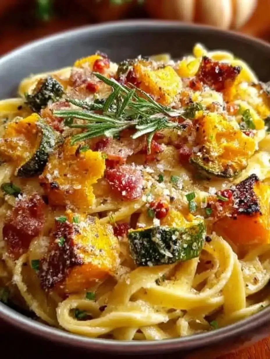 Delicious autumn sausage pasta served with seasonal ingredients