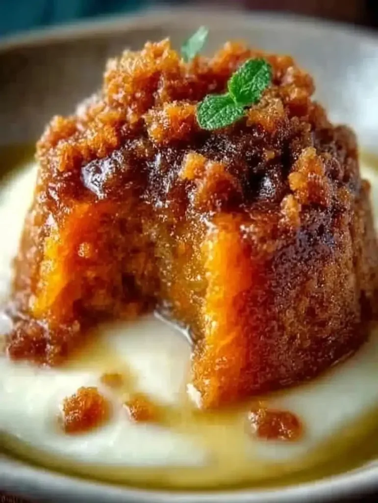 Delicious carrot pudding topped with brown sugar sauce, a perfect dessert treat.