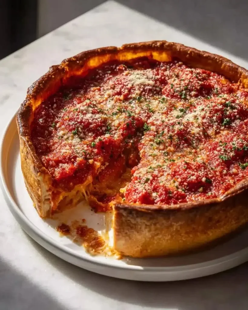 Slice of Chicago-style deep dish pizza topped with Italian sausage