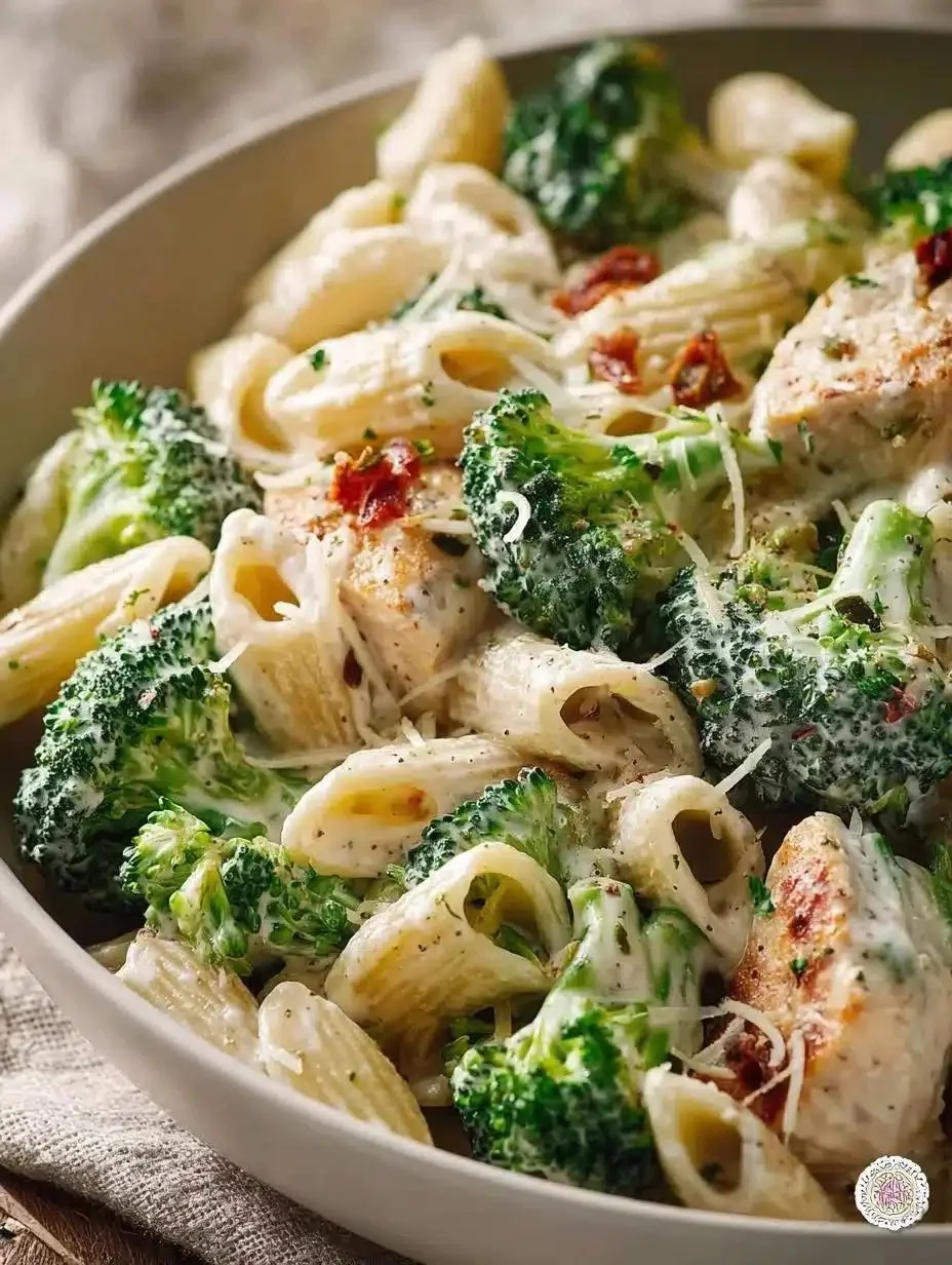 Creamy Chicken Broccoli Alfredo served on a plate with garnish