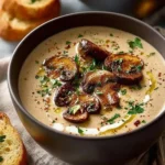 Bowl of creamy mushroom soup made from scratch with fresh ingredients