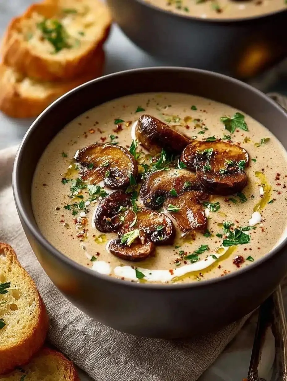 Bowl of creamy mushroom soup made from scratch with fresh ingredients