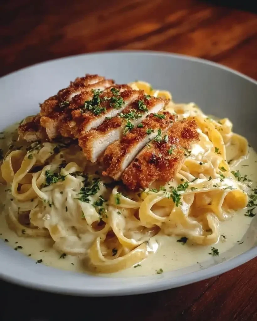 Plate of crispy chicken with creamy pasta garnished with herbs.