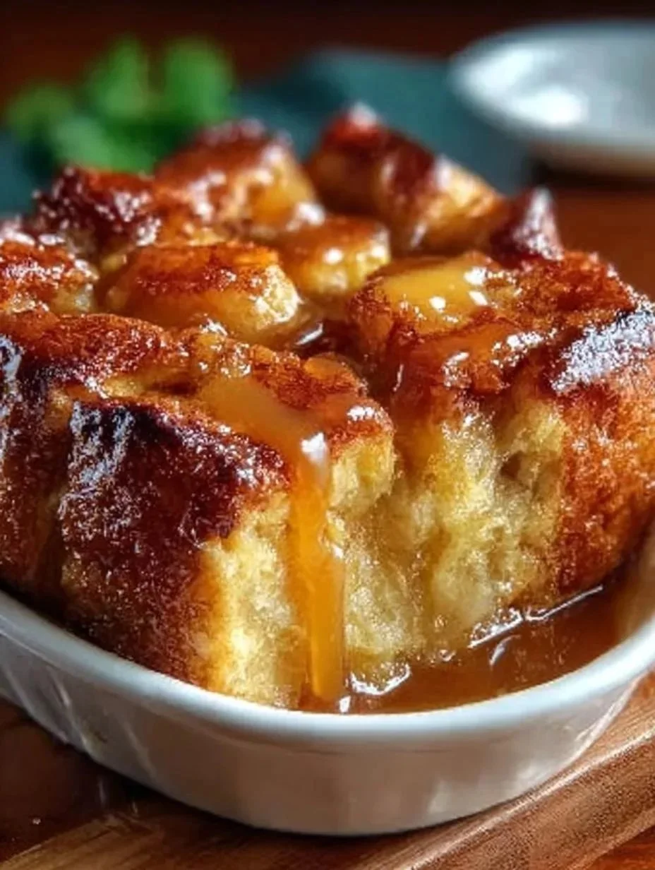 Delicious croissant bread pudding drizzled with caramel sauce