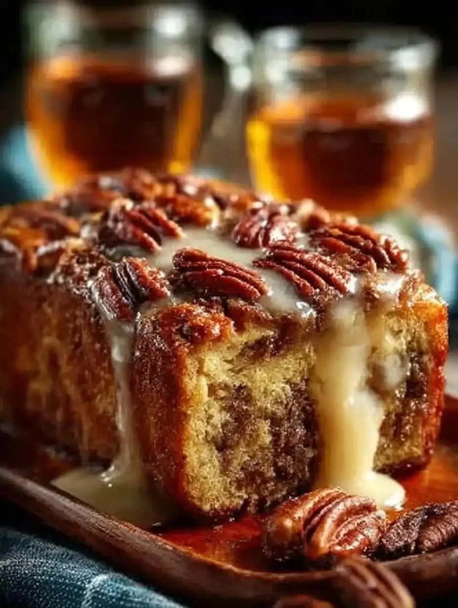 Irresistible pecan bourbon bread freshly baked and topped with pecans.