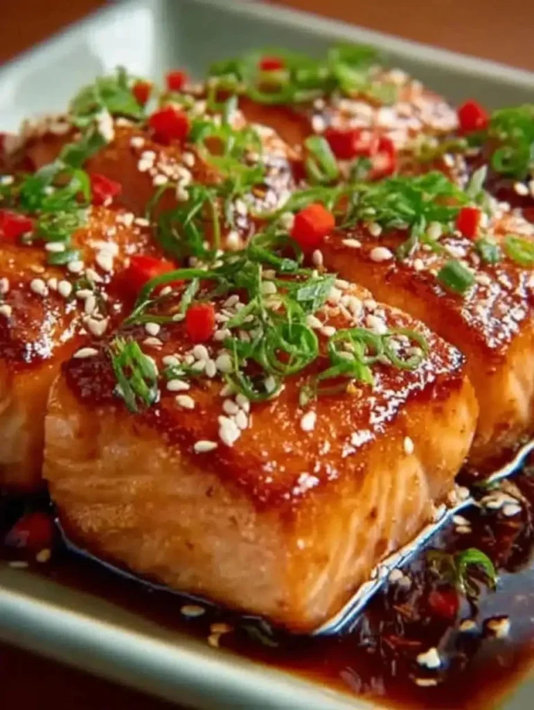 Orange teriyaki salmon dish garnished with citrus and herbs