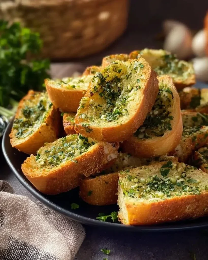 Crispy and golden brown perfect garlic bread on a rustic wooden table.