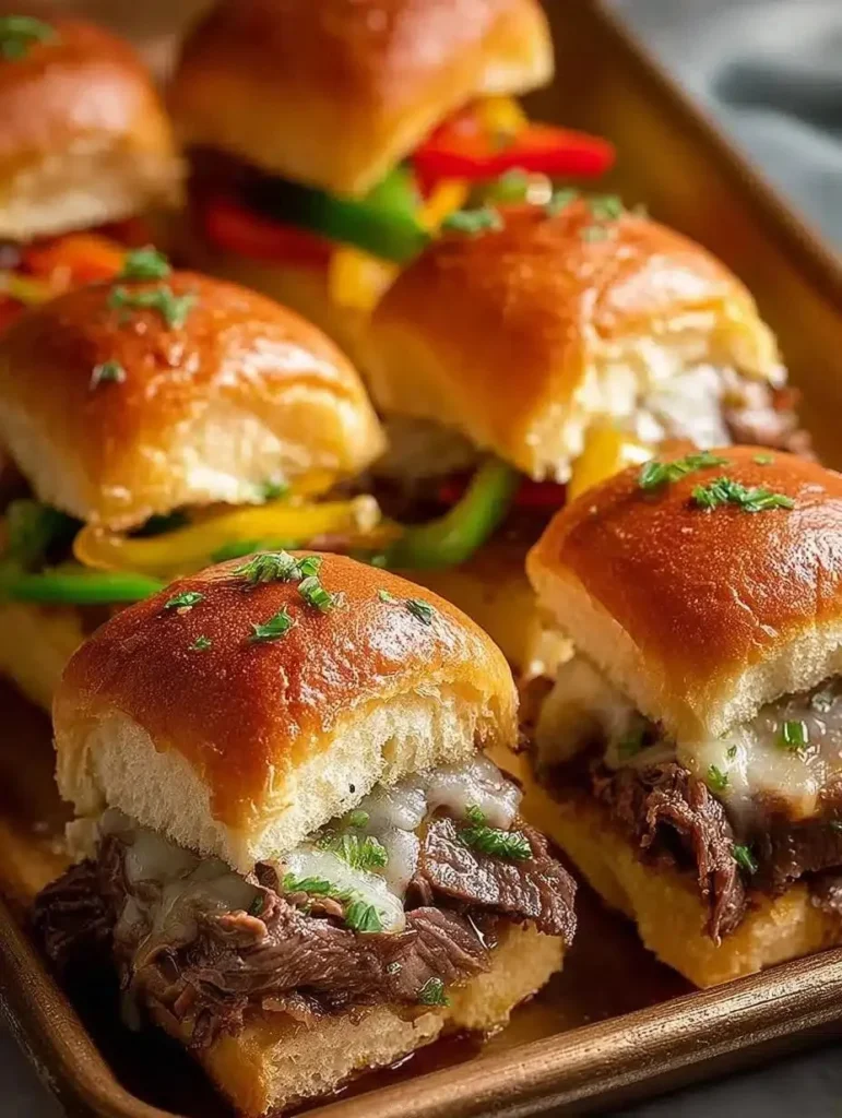 Delicious Philly Cheesesteak Sliders served as a party appetizer