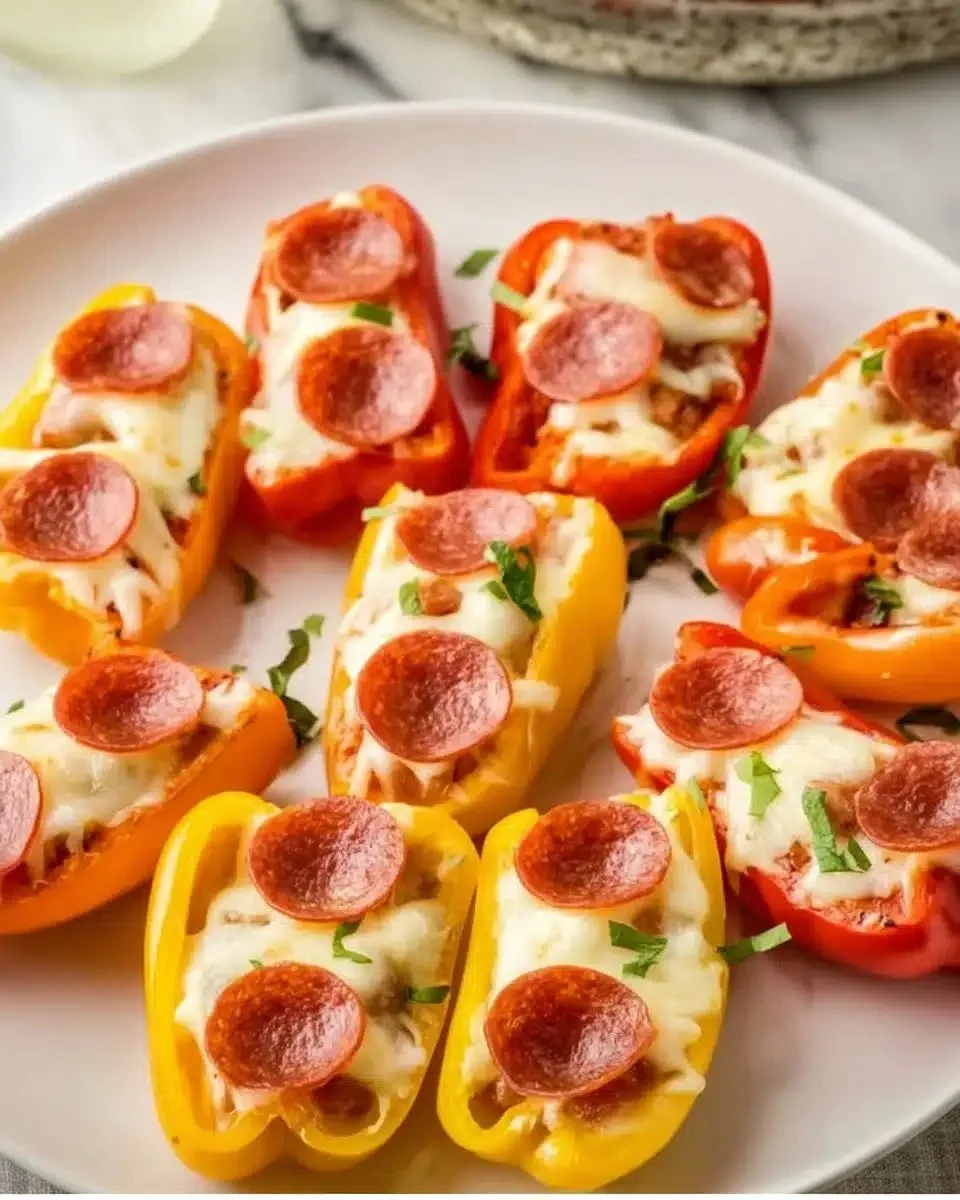 Delicious pizza stuffed mini peppers filled with cheese and toppings.