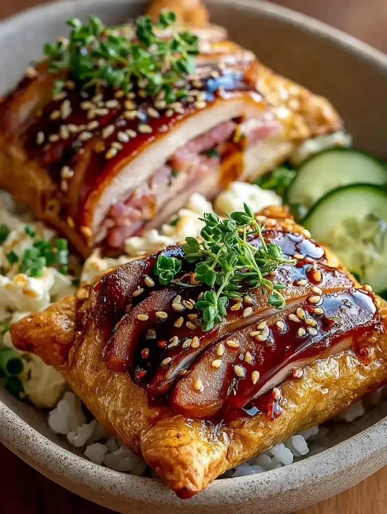 Flaky and golden puff pastry grilled cheese sandwich on a rustic plate.