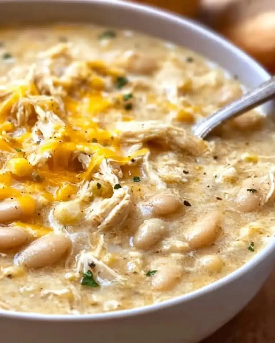 Delicious bowl of quick and easy white chicken chili topped with cilantro.