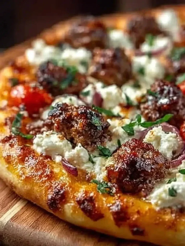 Delicious Sausage Feta Pizza topped with savory sausage and creamy feta cheese