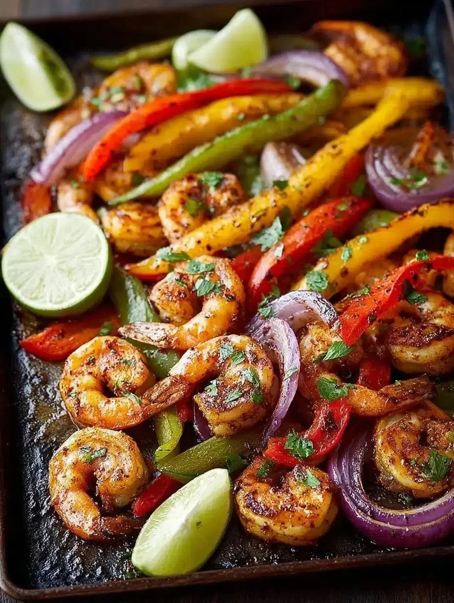 Sheet pan shrimp fajitas with colorful bell peppers and spices ready to serve.