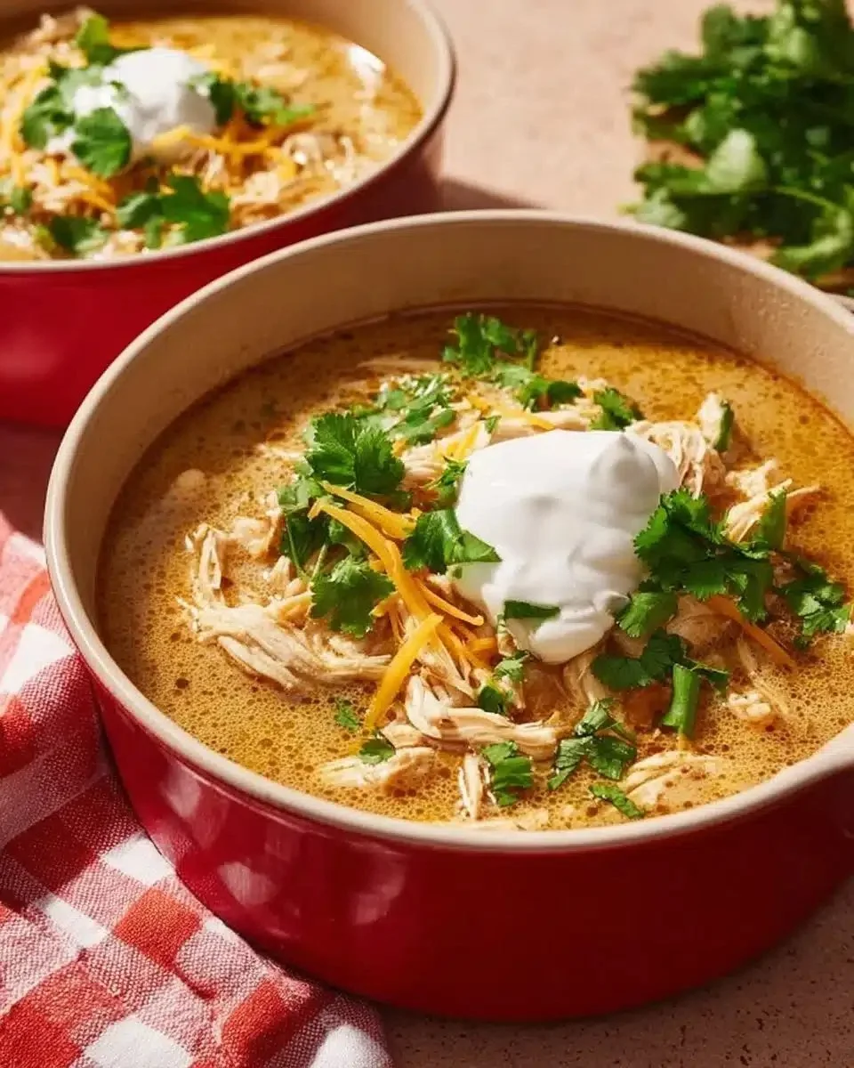 Bowl of Simple Keto White Chicken Chili with toppings