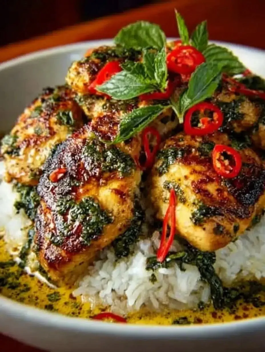 Delicious spiced coconut basil chicken garnished with fresh herbs