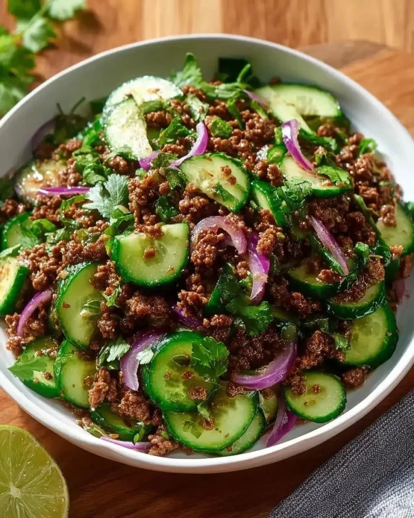 Spicy Korean ground beef served with cucumber salad on a plate