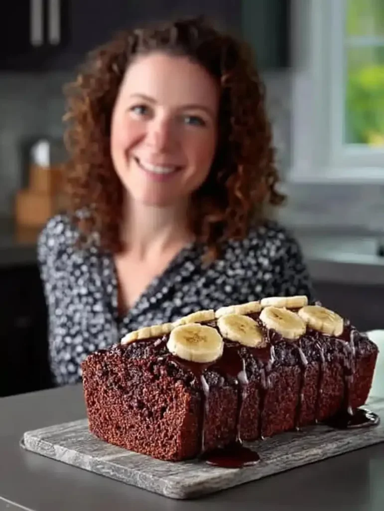 Slices of triple chocolate banana bread with chocolate chips and bananas