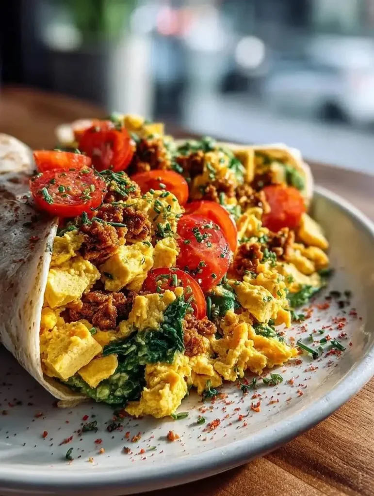 Vegan tofu scramble served with fresh vegetables and herbs for breakfast.