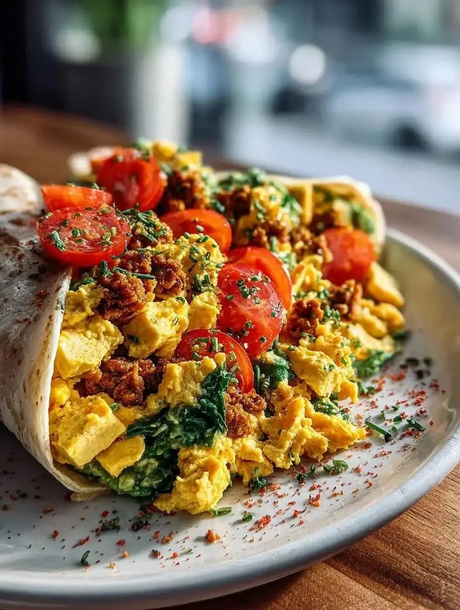 Vegan tofu scramble served with fresh vegetables and herbs for breakfast.