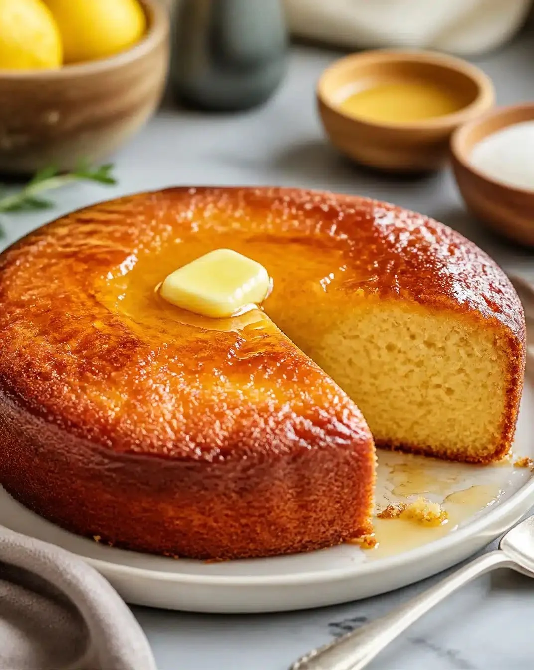A Classic French Butter Tea Cake 1 A delicious slice of classic French butter tea cake on a rustic plate
