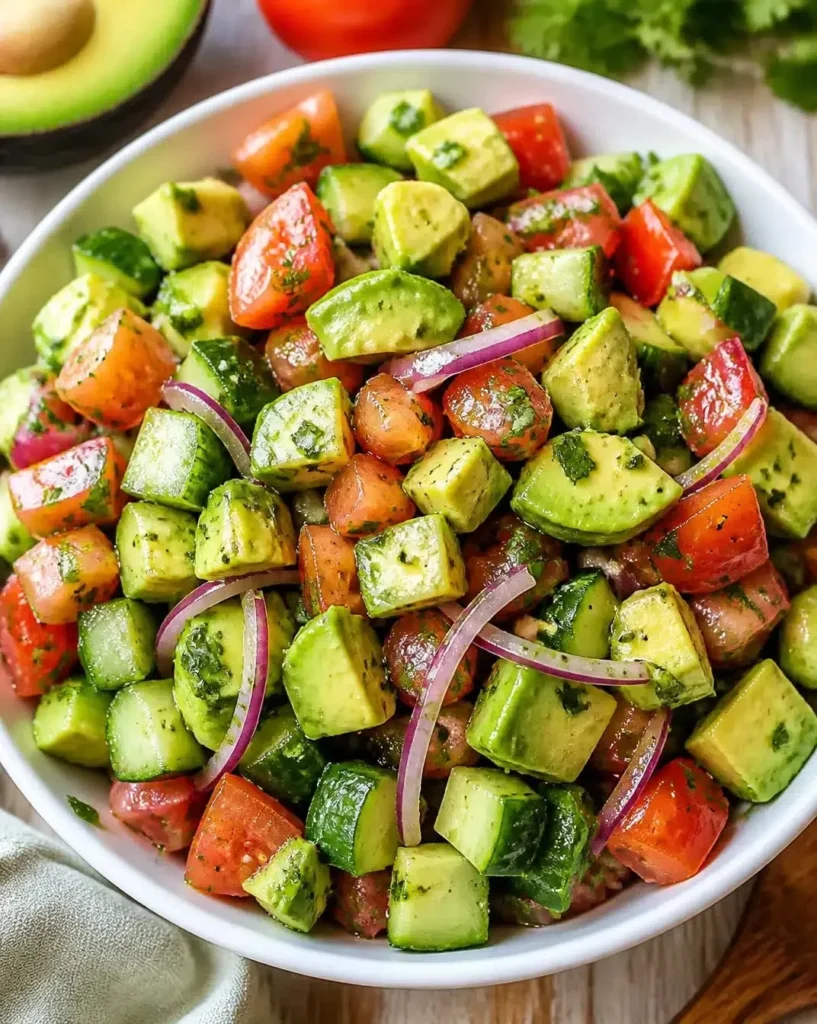 Fresh and colorful avocado salad with vegetables and dressing