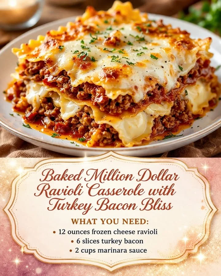 Baked Million Dollar Ravioli Casserole with Turkey Bacon, creamy and delicious