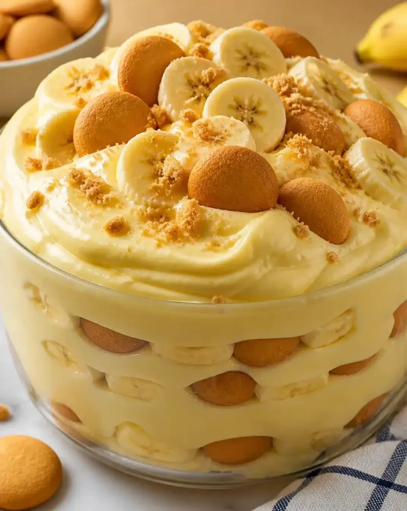 Delicious bowl of thick and creamy banana pudding topped with vanilla wafers