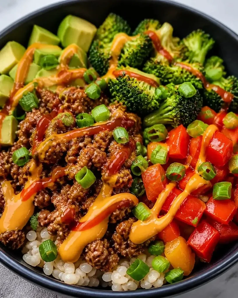 Healthy Bang Bang Bowls with Ground Turkey served in a colorful bowl